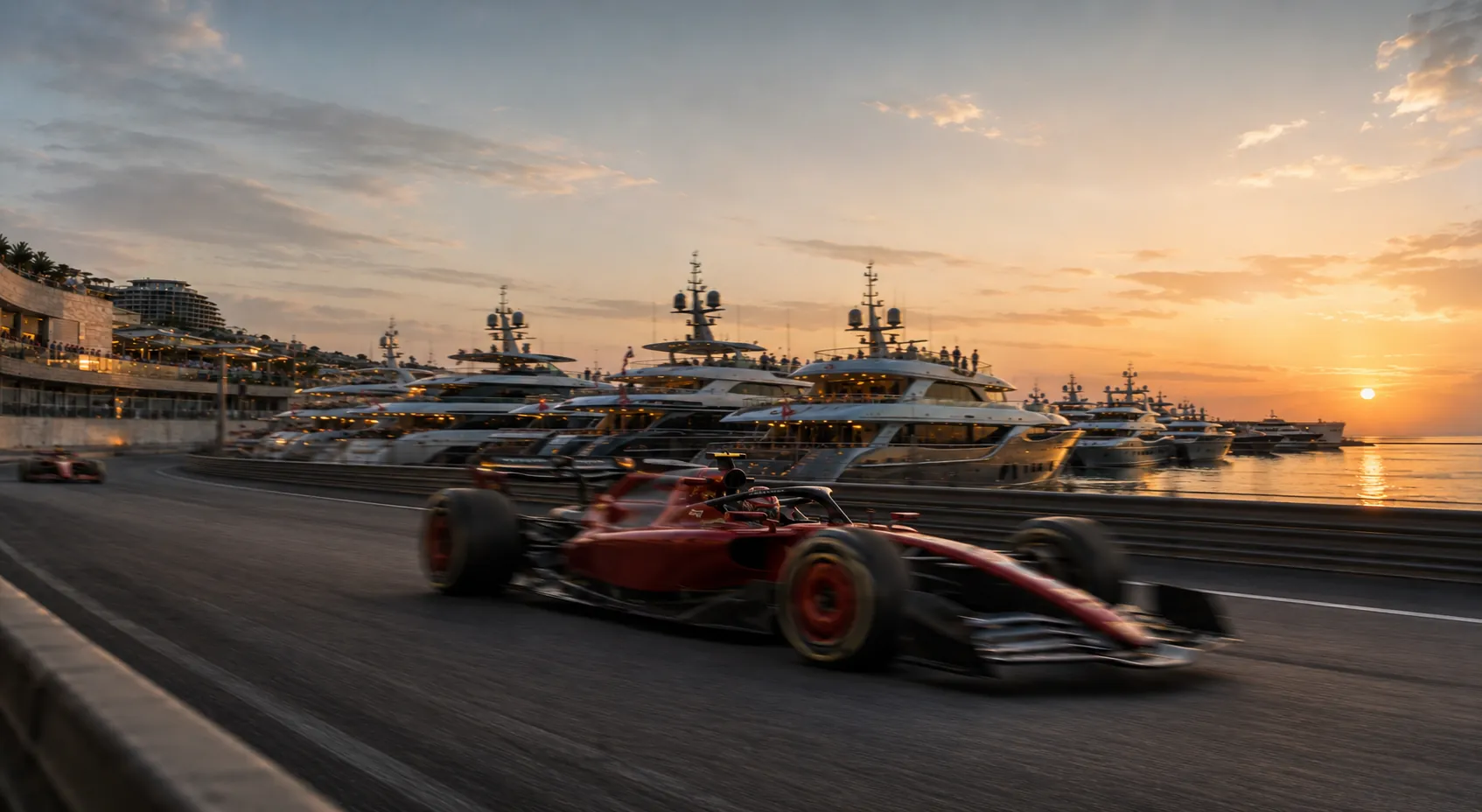 Formula 1 car on the coastal road, overlooked by the mega-yacht marina