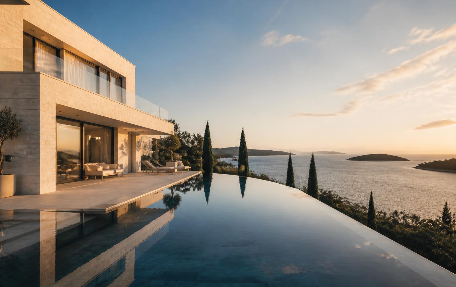 Modern limestone villa with infinity pool overlooking the Adriatic