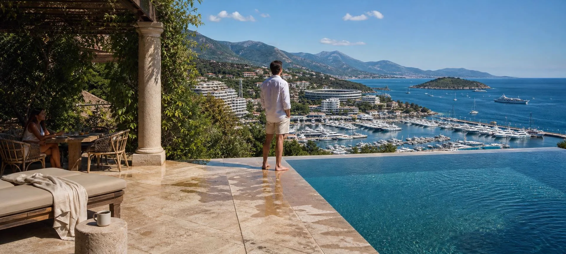 Luxury villa terrace overlooking the Dubrovnik Three Sisters marina and coastline